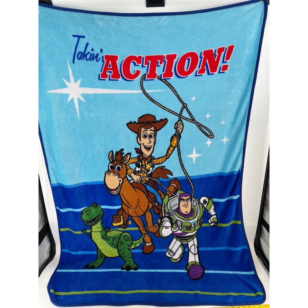 Disney Toy Story Blanket Kids OS Blue Excellent Takin Action Woody Buzz Rex